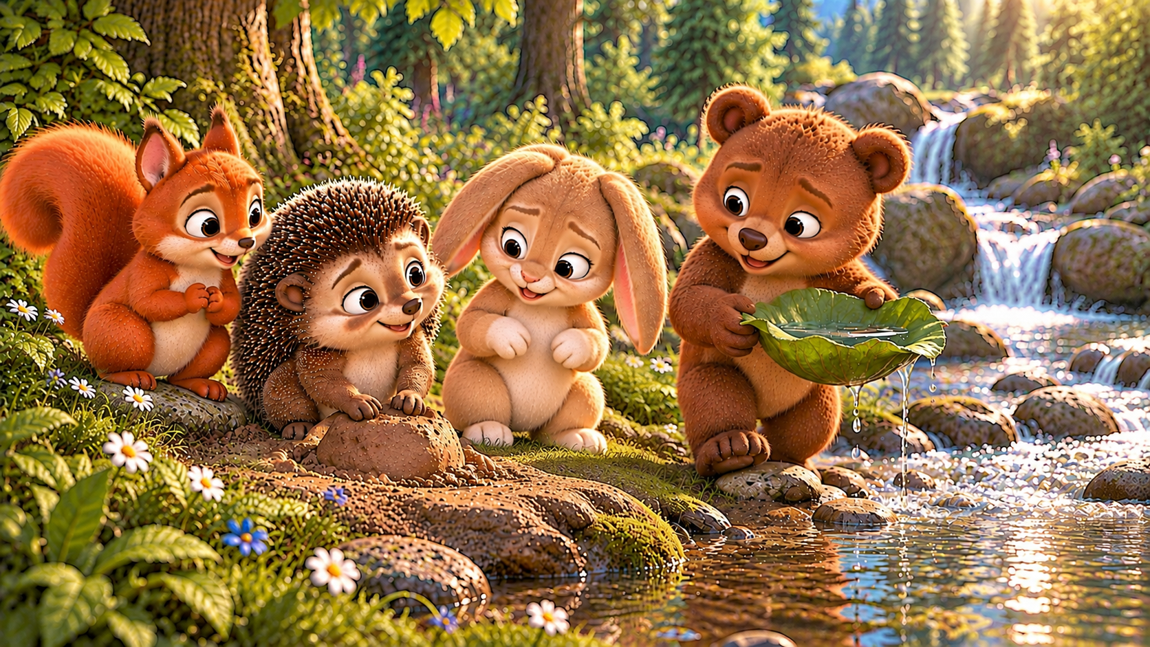 The Bear brings water in a burdock leaf while the Hedgehog, Rabbit, and Squirrel prepare the clay for a new cup.