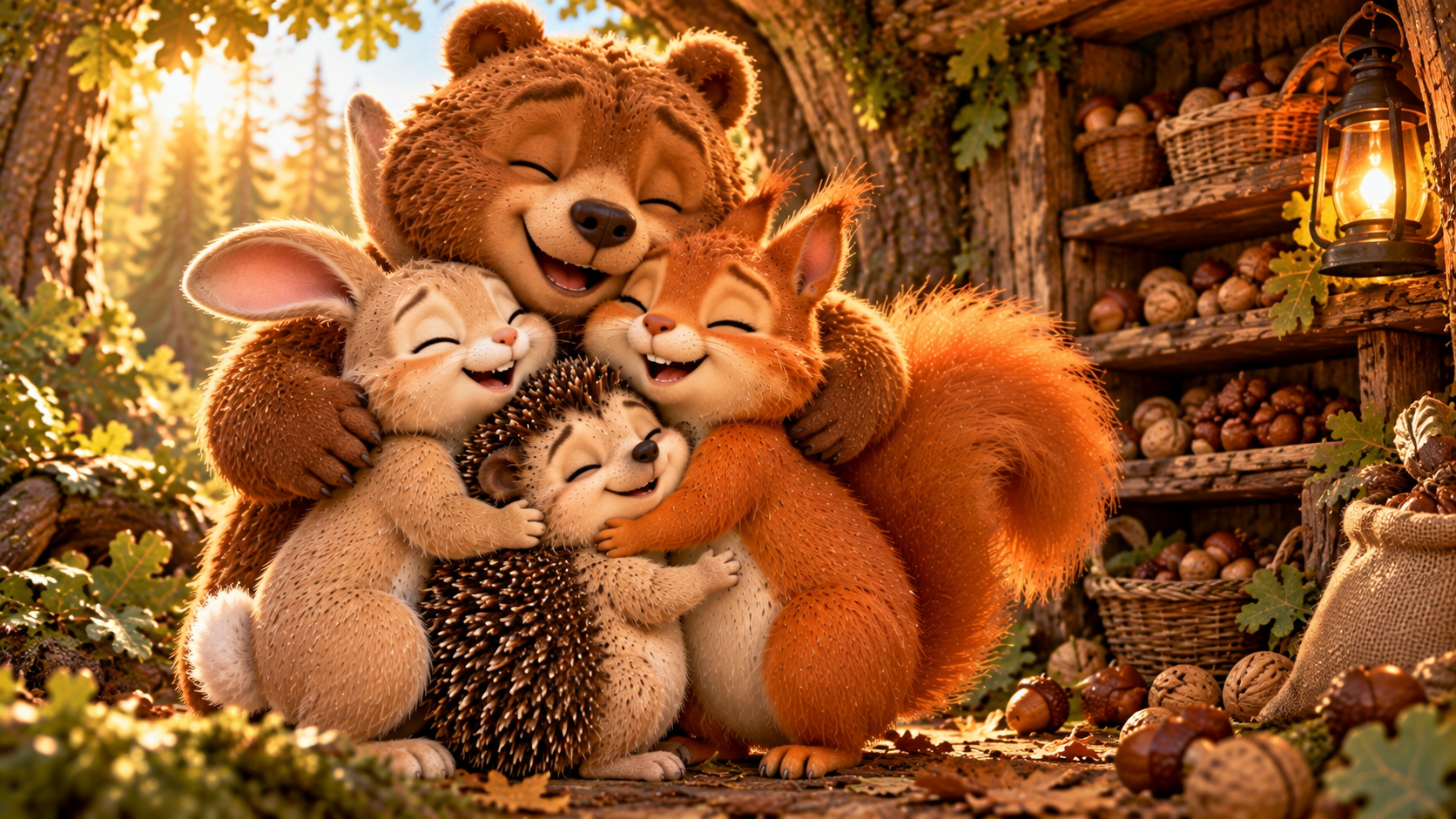 Frour woodland friends - a hedgehog, rabbit, bear cub, and squirrel - hugging together in friendship