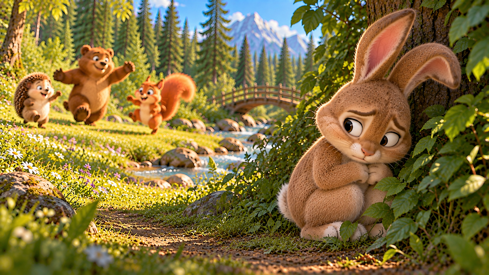 The little Rabbit hides the shards of the broken cup behind a bush.