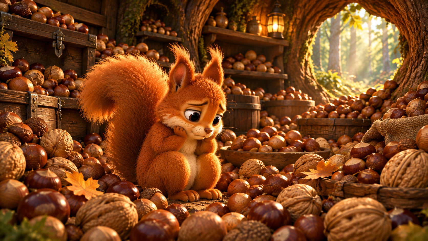 Little Squirrel sitting alone among his hidden piles of nuts