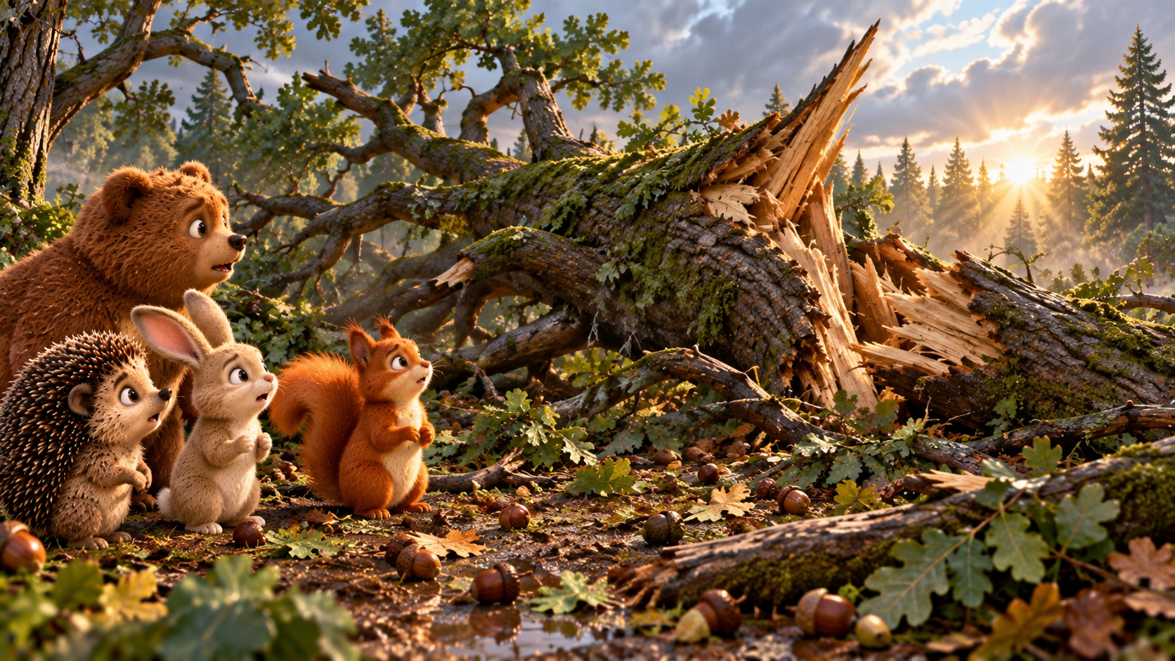 Four woodland friends discovering a fallen oak tree after a strom