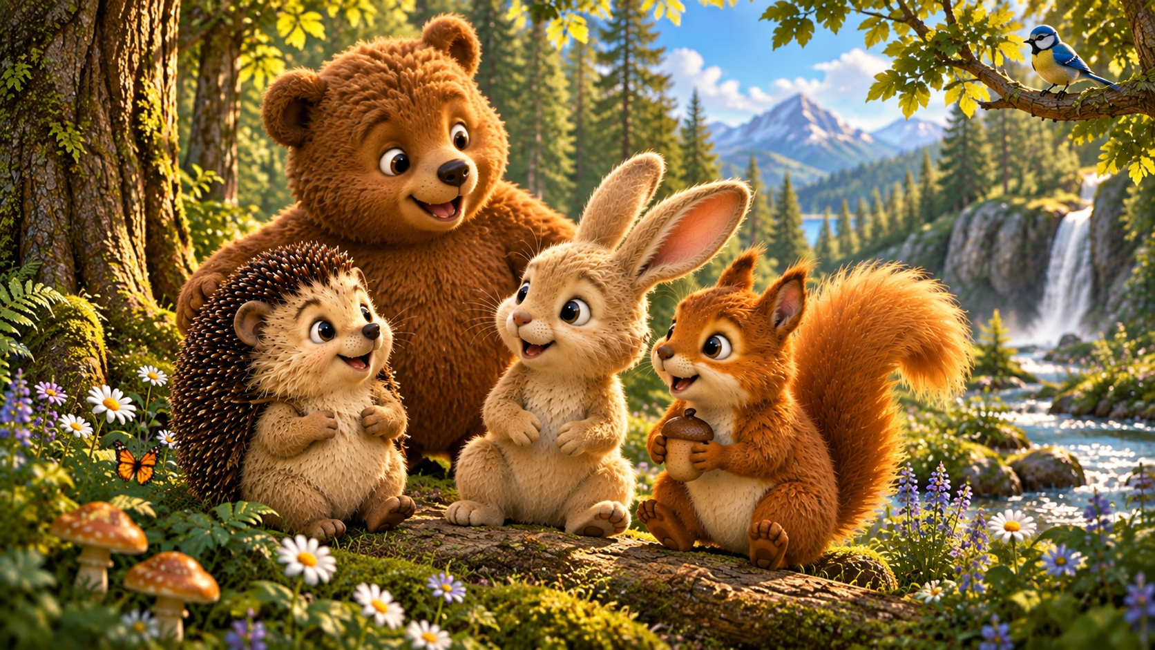 Four woodland friends in the big, big forest