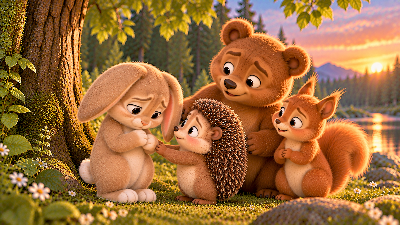 The Hedgehog forgives the little Rabbit, who confesses that he broke the cup and lied, while his friends stay by his side.