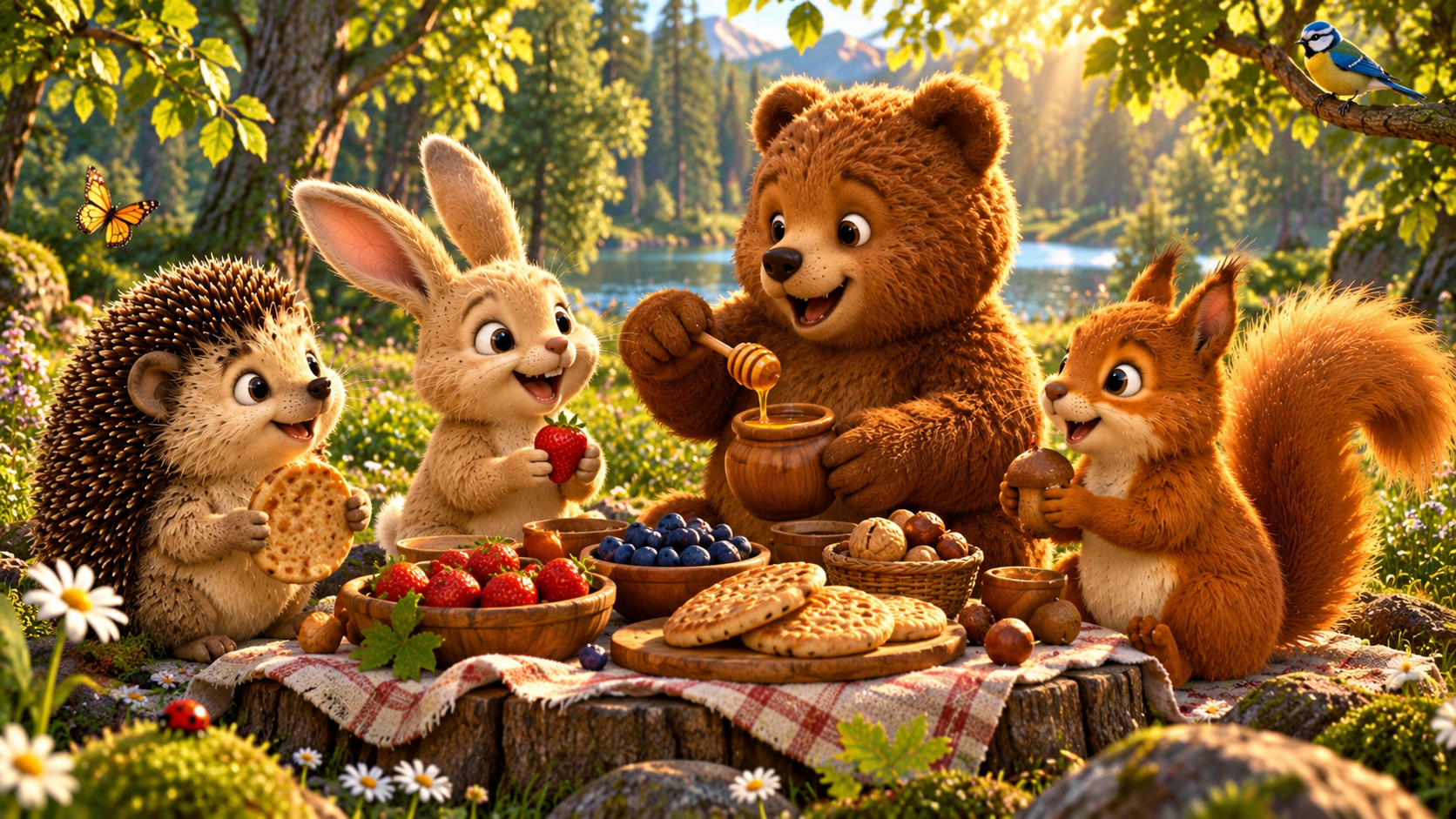 Frour woodland friends gathering in a forest clearing with berries, honey, and cakes