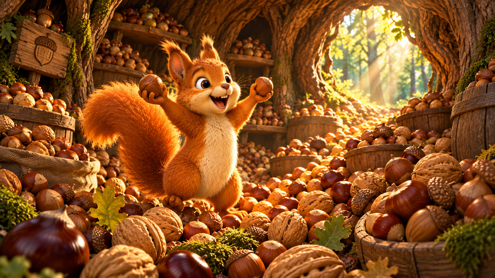 little Squirrel discovers a hollow filled with nuts