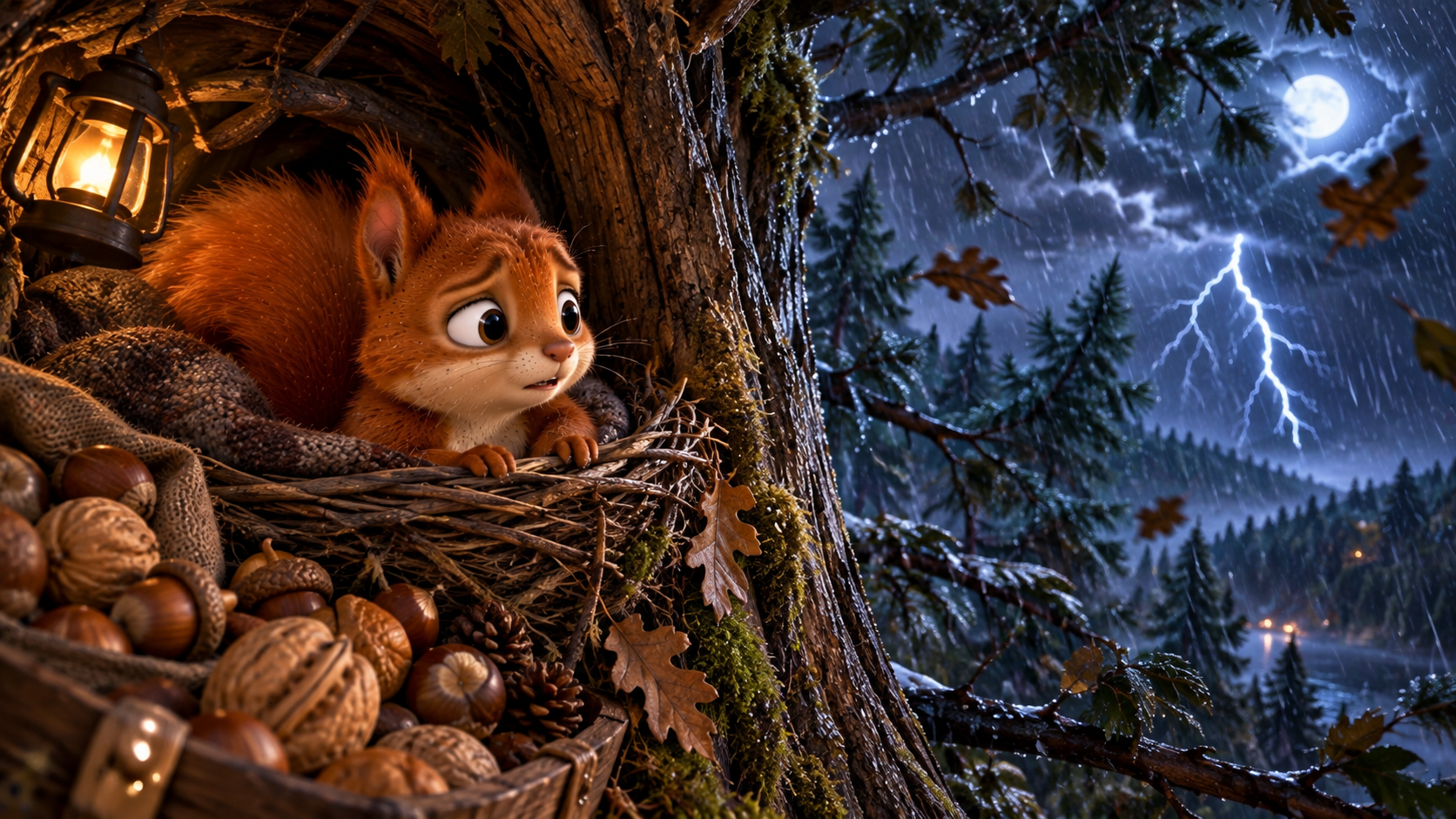Little Squirrel sitting sadly among his hidden nuts