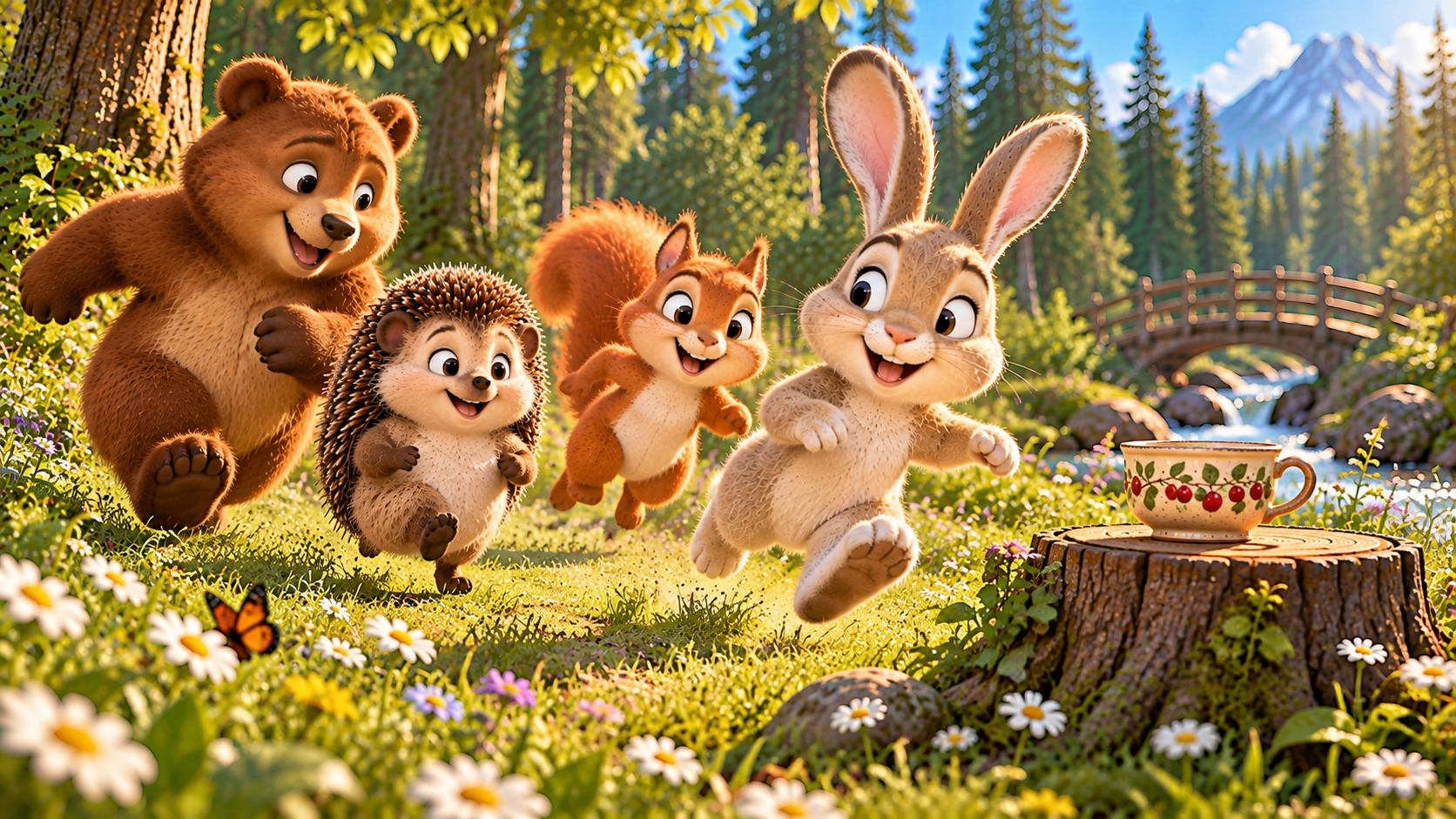 The friends began running around the meadow, playing tag.