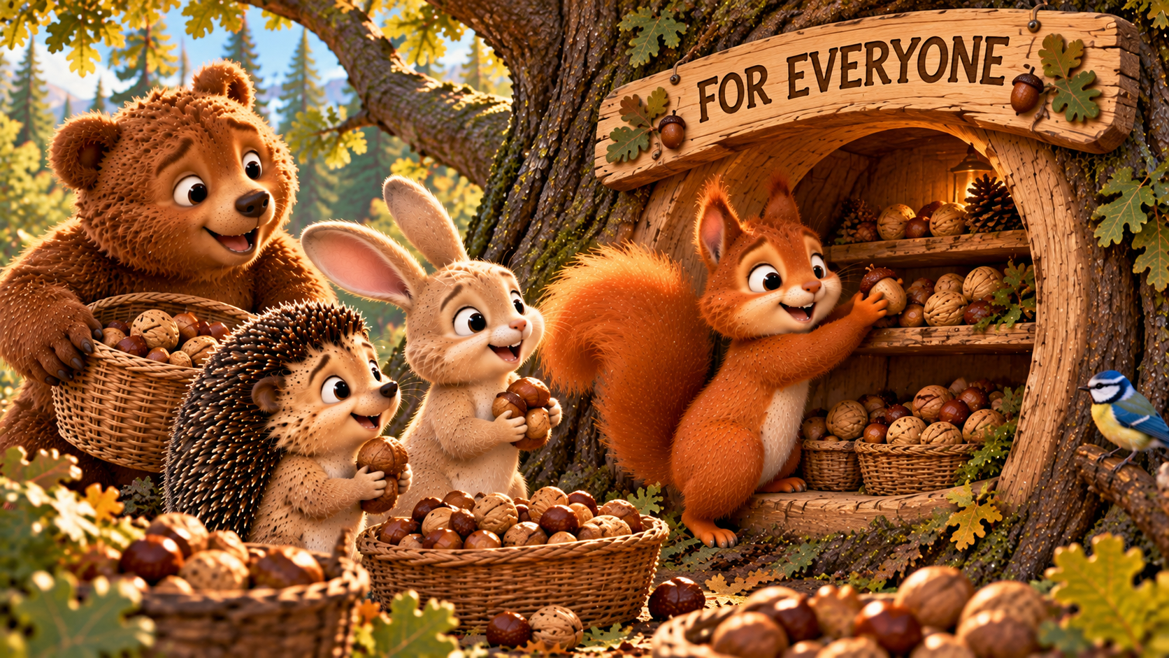 Four woodland friends sharing nuts in ther shared storage hollow