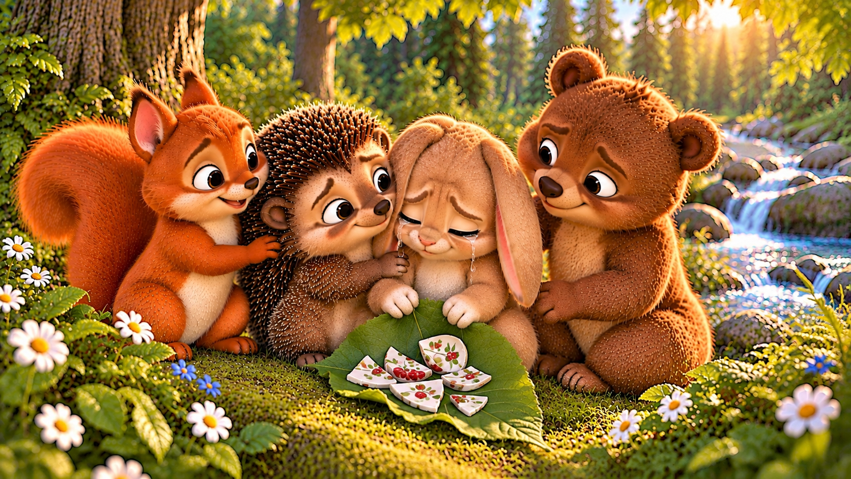 The little Rabbit confesses to the Hedgehog that he broke the cup and lied about what happened.