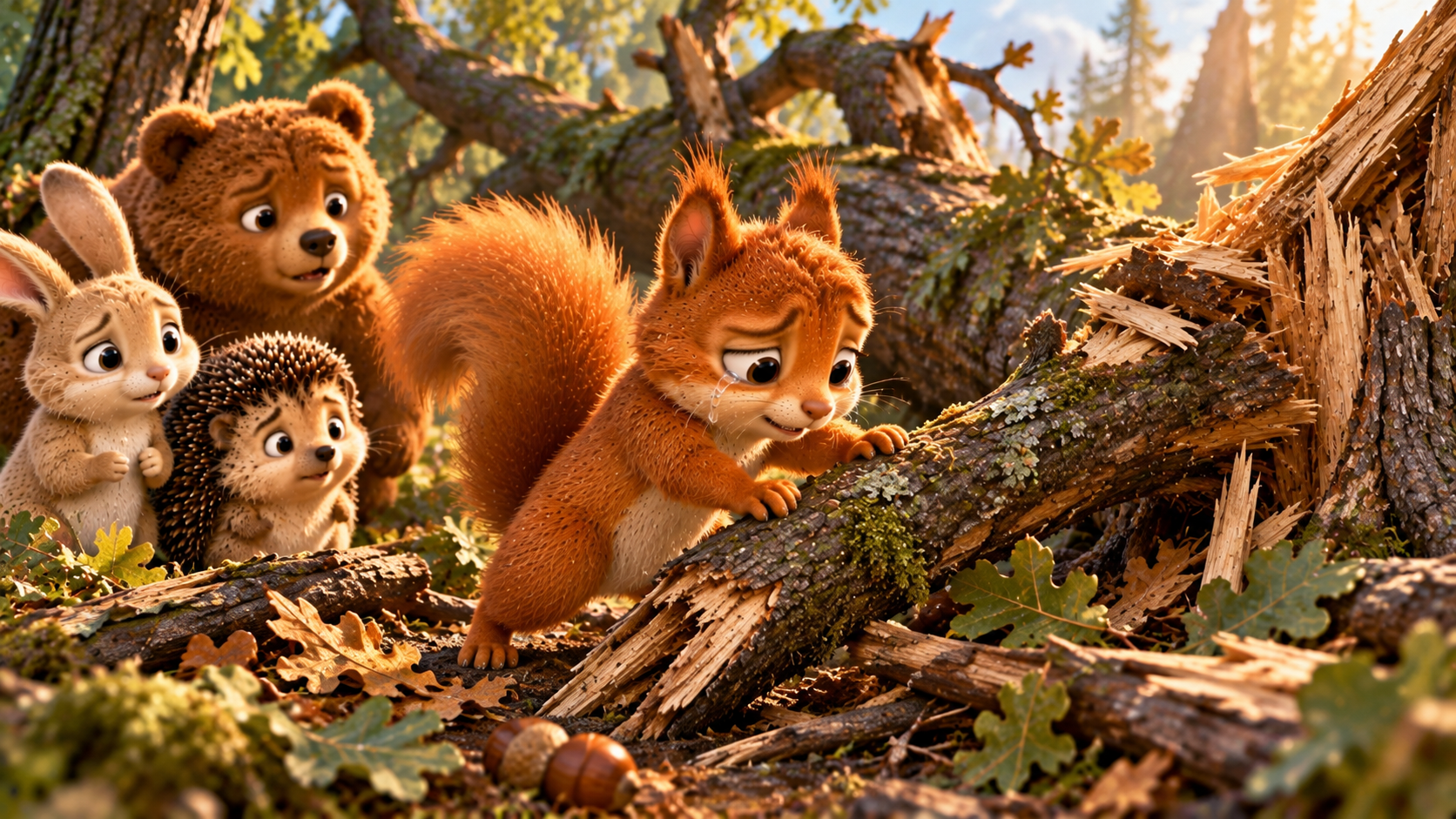 Frour woodland friends looking at a fallen oak treenafter a strom