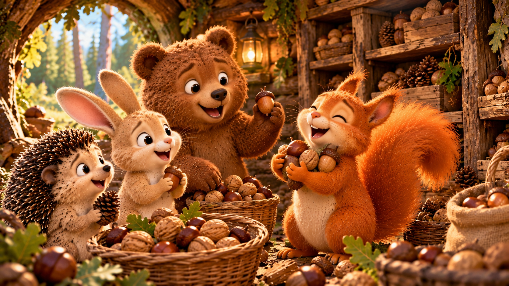 Four woodland friends clearing a storage hollow and gathering nuts together