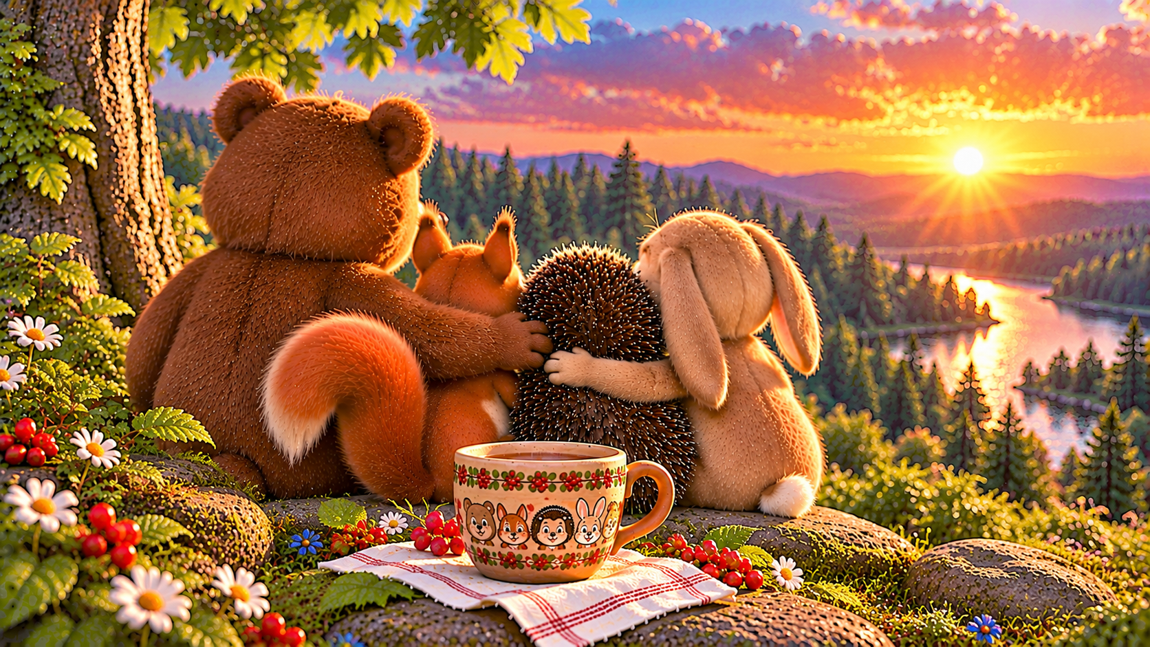 The Hedgehog, Rabbit, Squirrel, and Bear sit together at sunset, enjoying their friendship with the new cup nearby.