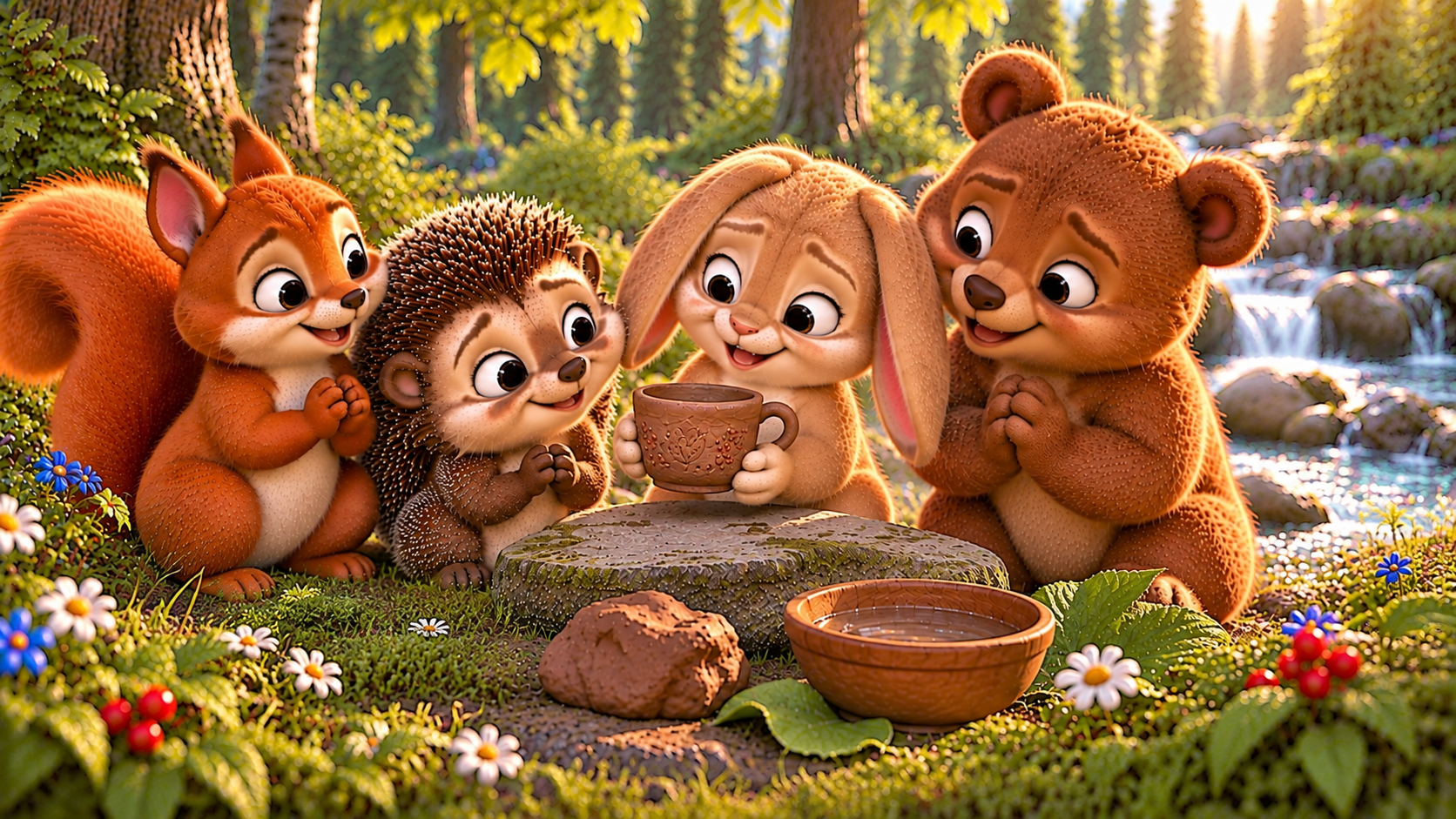 The Hedgehog, Rabbit, Squirrel, and Bear admire the new cup they made together. ❤️