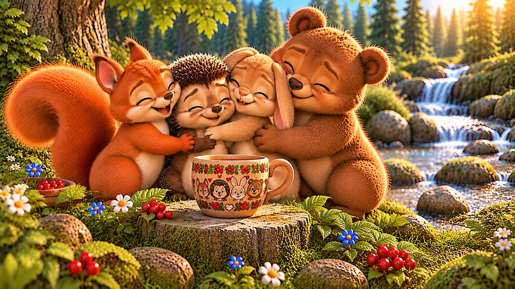 The Hedgehog, Rabbit, Squirrel, and Bear hug each other happily beside their special new cup, celebrating their friendship. ❤️