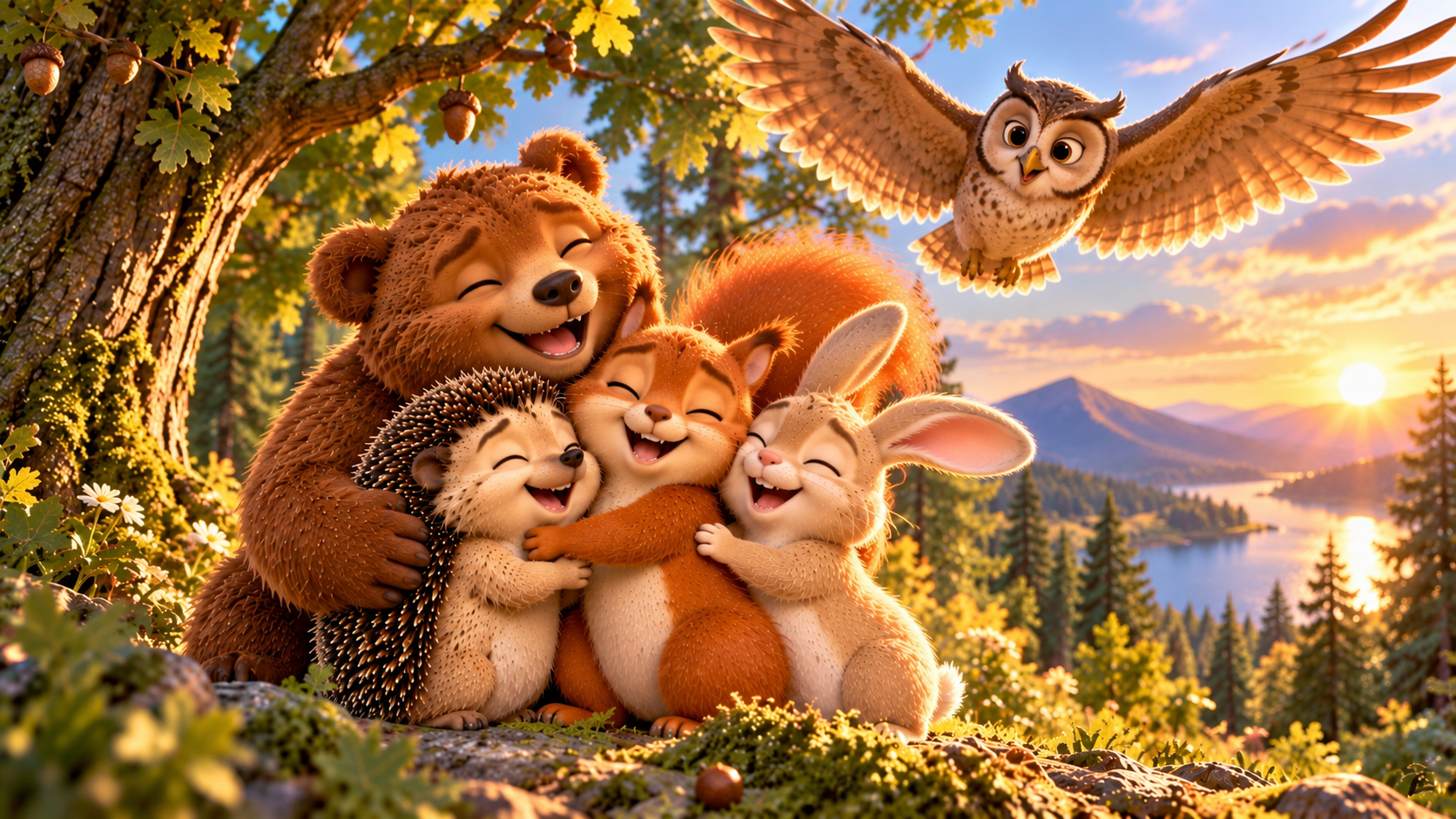 Wise Owl flying over four woodland friends in a forest