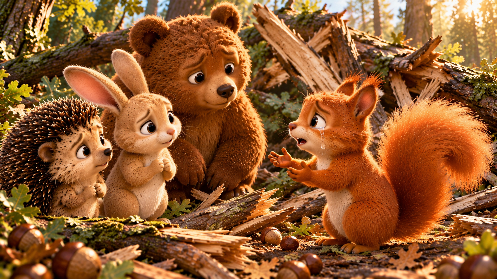 Little Squirrel confesses his secret to his three frieends