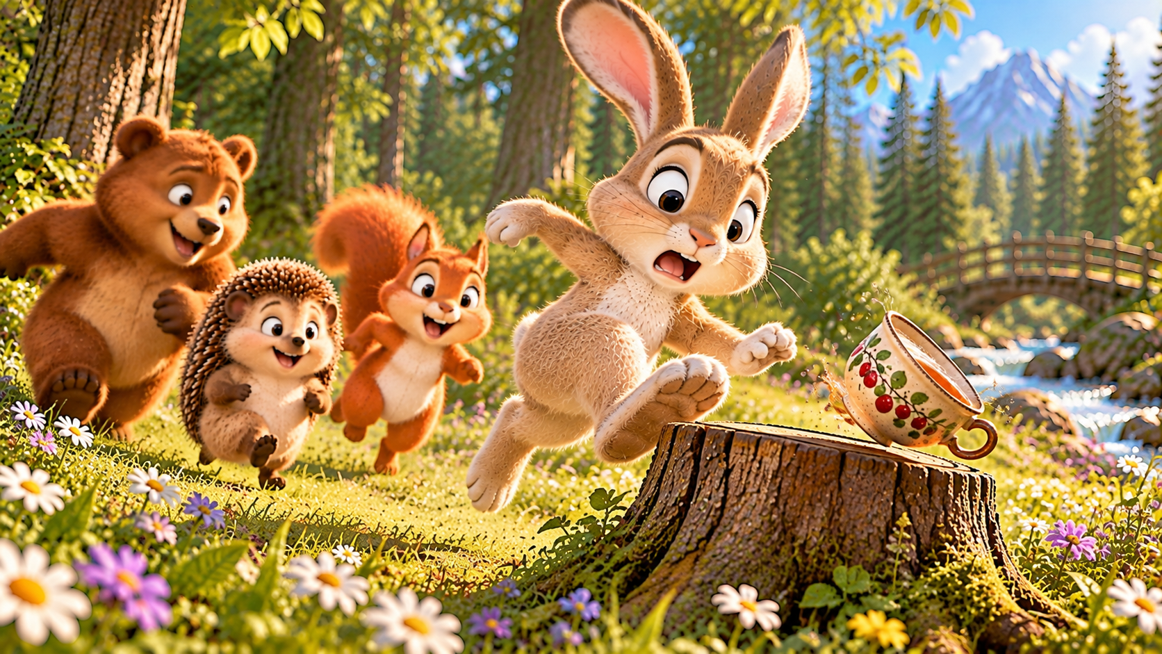 Rabbit accidentally knocks the clay cup off the stump, causing it to fall and break