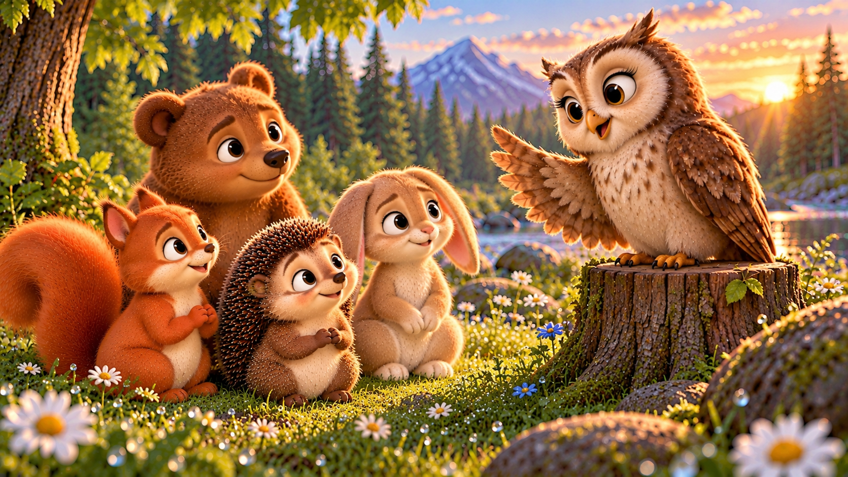 The Wise Owl speaks to the Hedgehog, Rabbit, Squirrel, and Bear as they listen attentively. ❤️