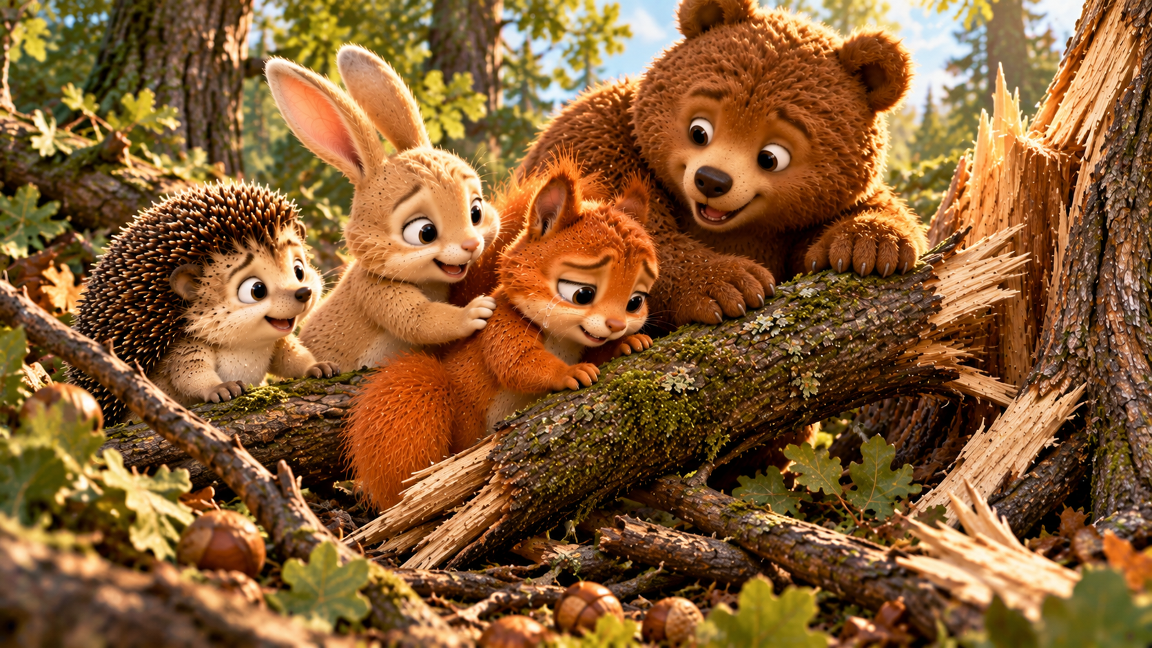 Frour woodland friends helping each other beside a fallen tree