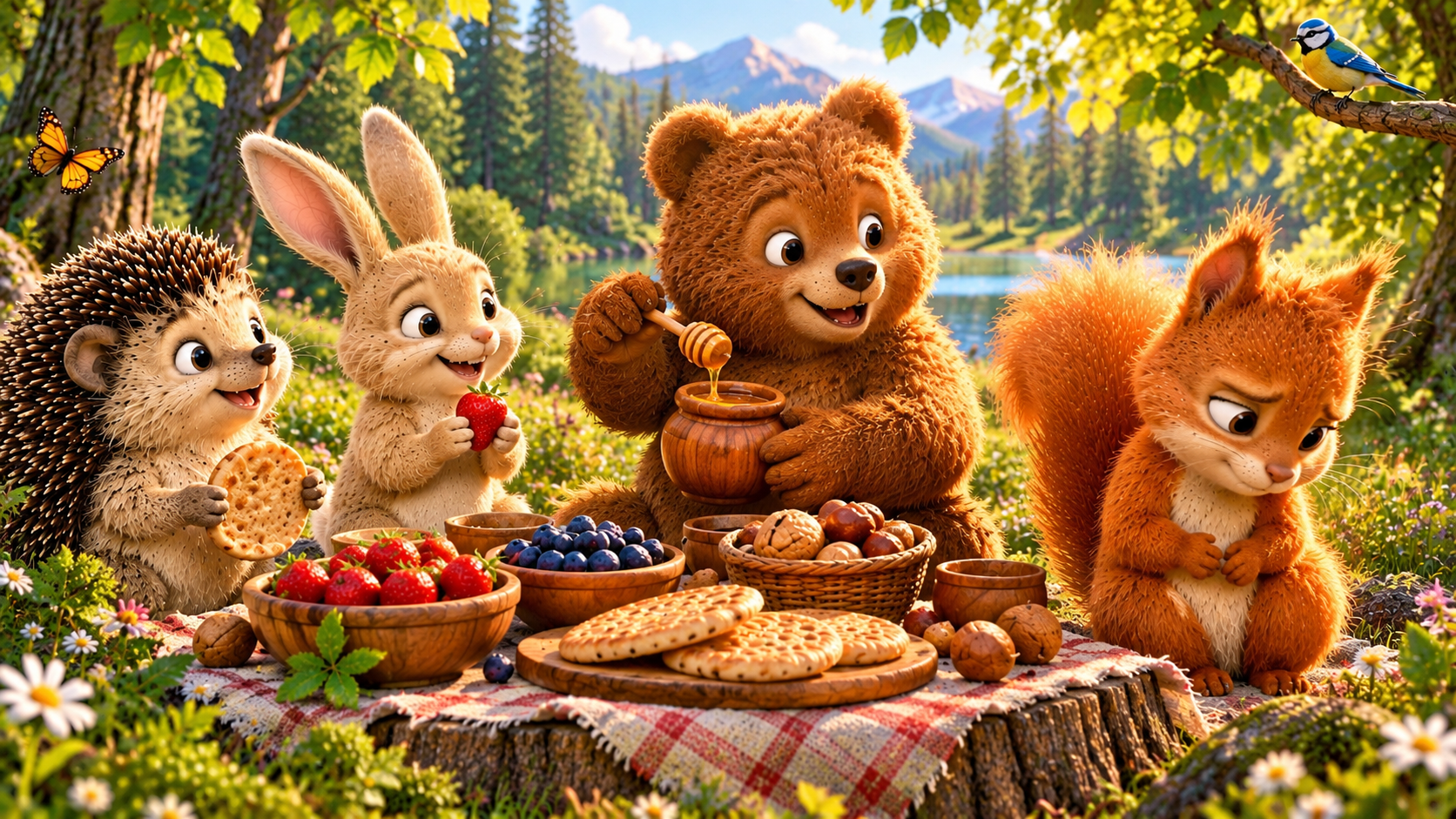Four woodland friends sharing food together in forest clearing