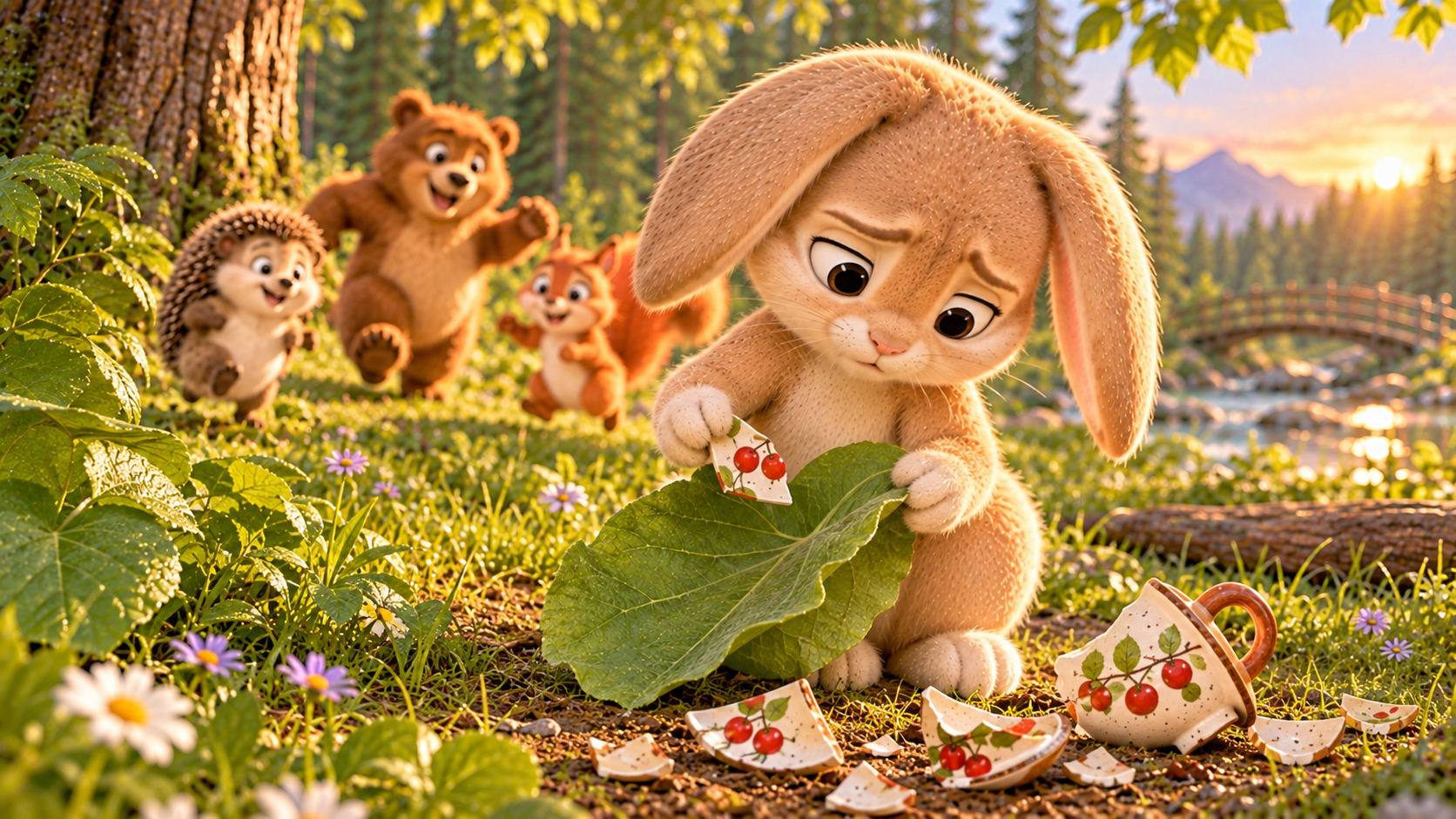 Little Rabbit hides the broken pieces of Hedgehog’s precious cup under a bush in the forest.