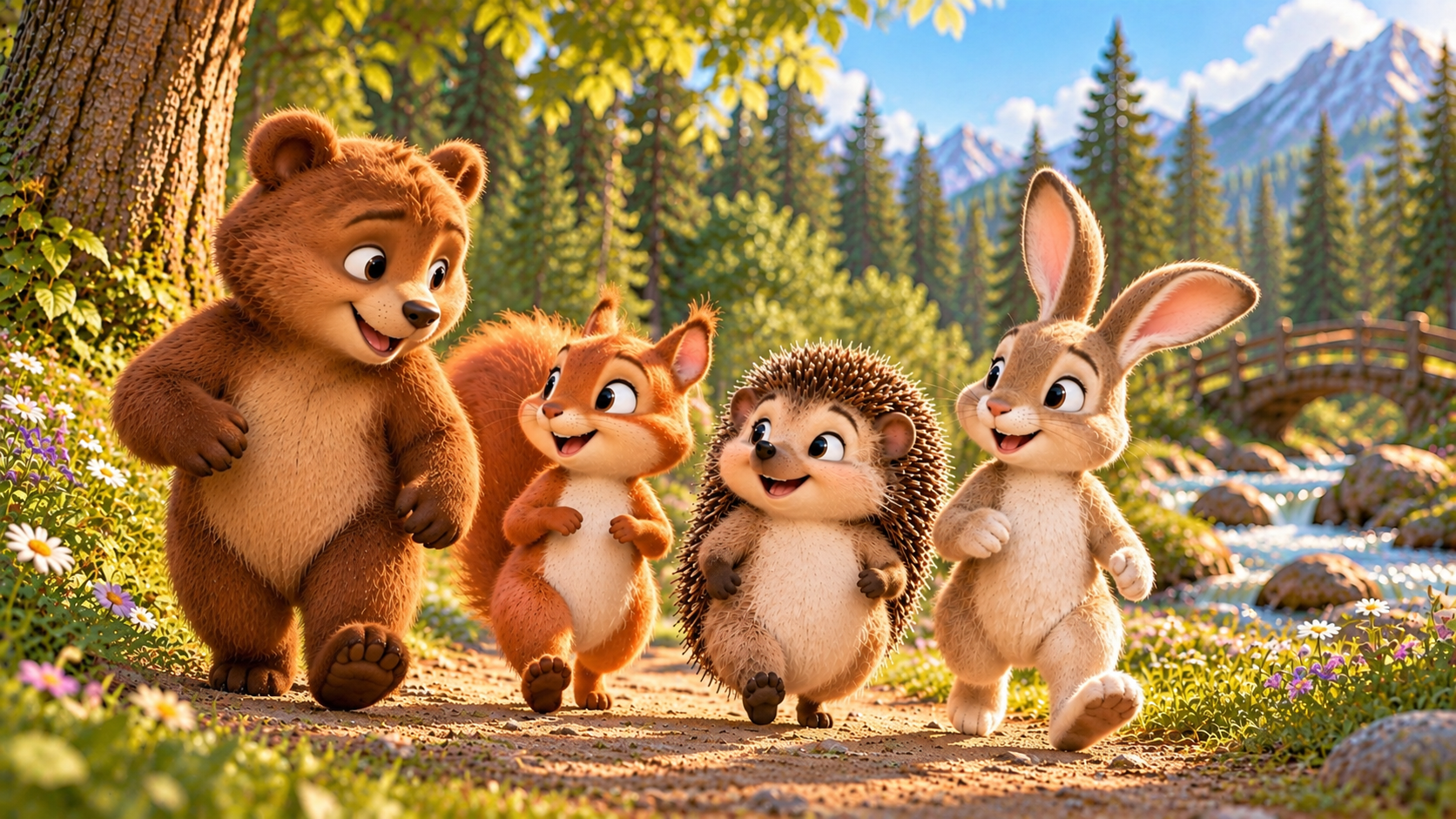 The Hedgehog, Rabbit, Squirrel, and Bear walk together toward the stream to make a new cup.