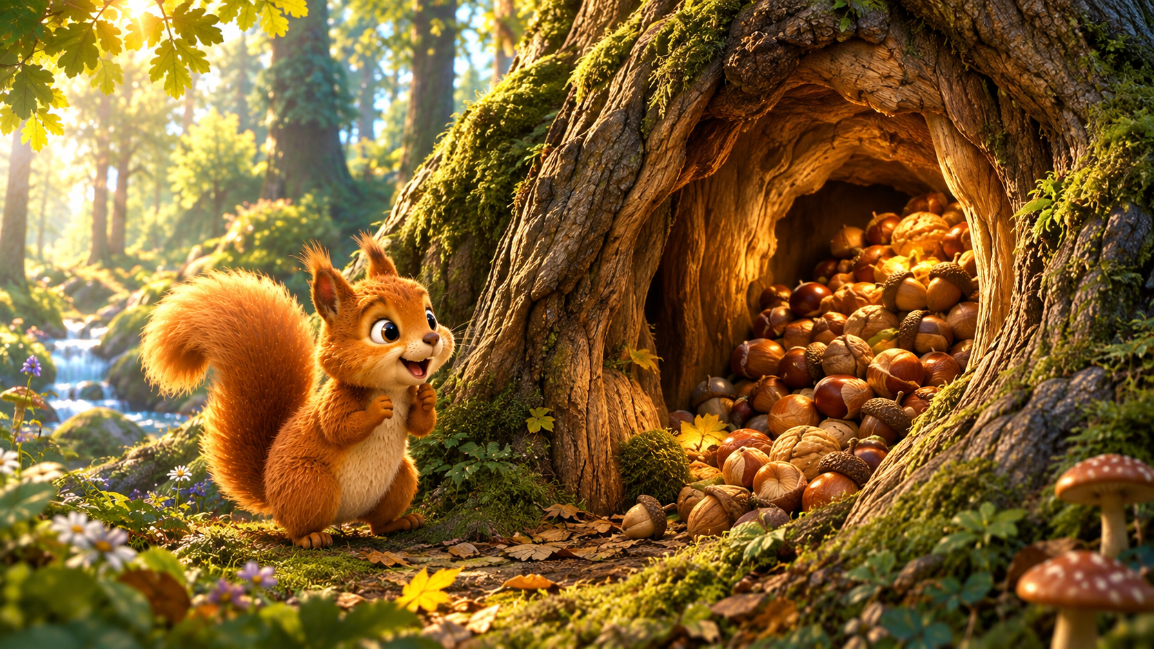 Little Squirrel discovers a hidden hollow filled with nuts inside an old oak tree