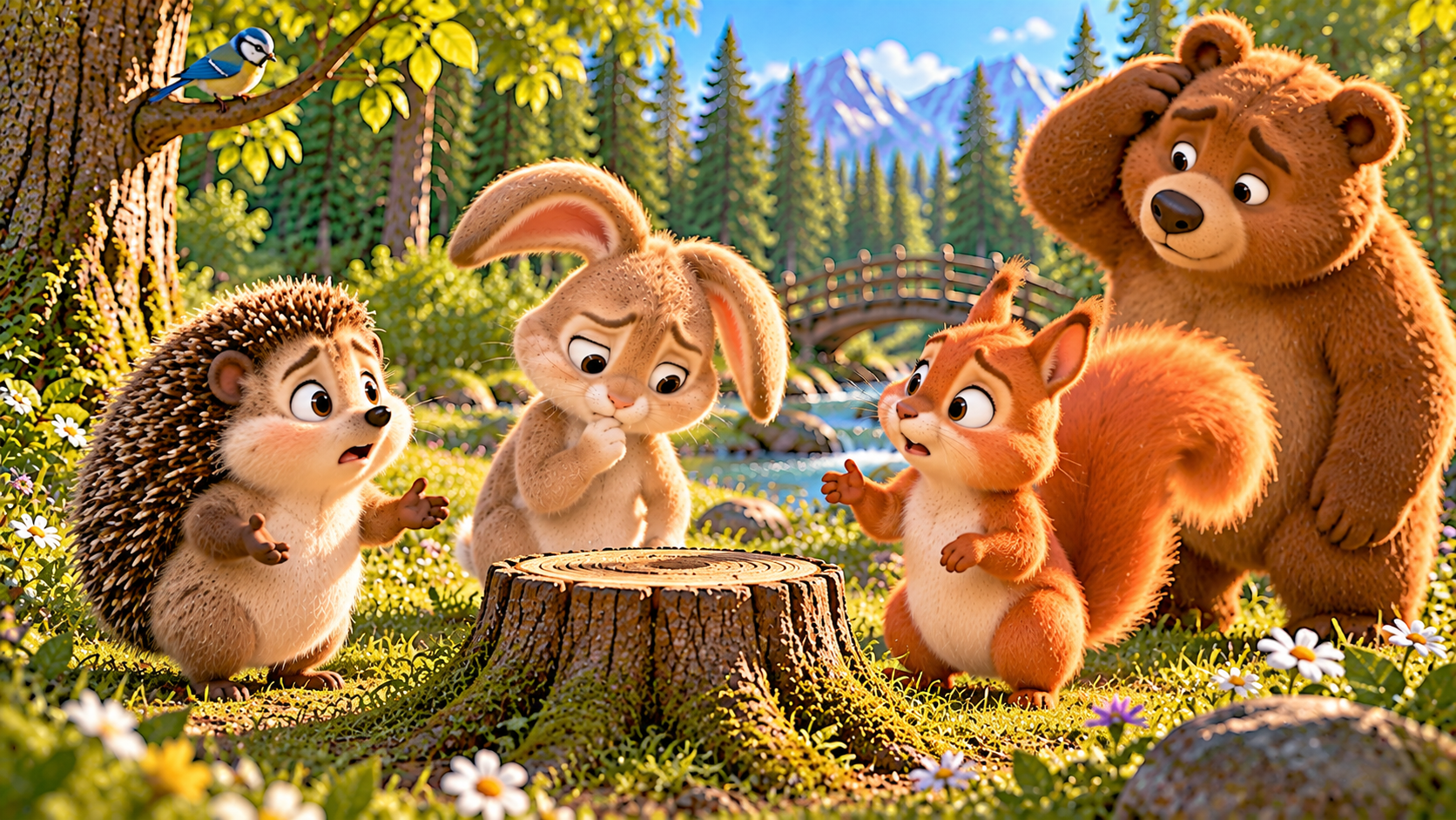 “Where is my cup?” he asked quietly. Maybe… the wind blew it over,” Rabbit said, looking away. “Or Squirrel accidentally knocked it down when he ran past.”