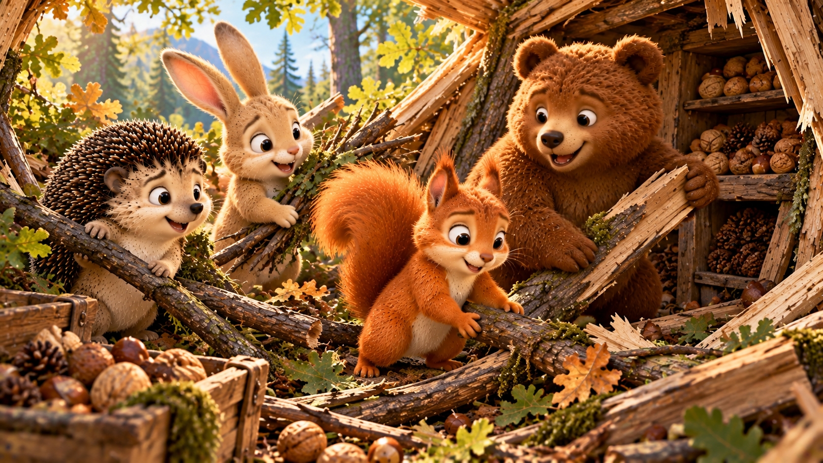 Four woodland friends clearing fallen branches together